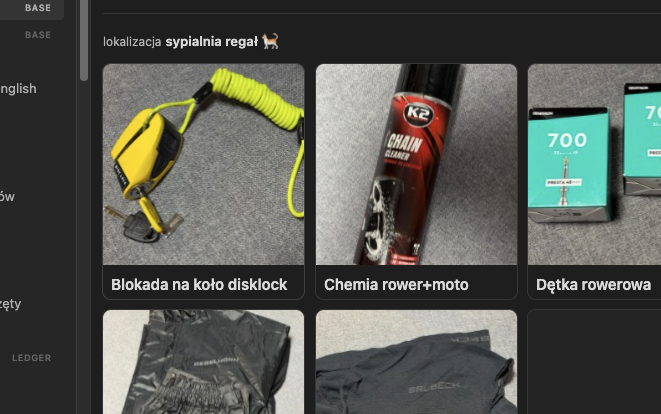 zrzut ekranu z bazy Obsidiana z inwentarzem